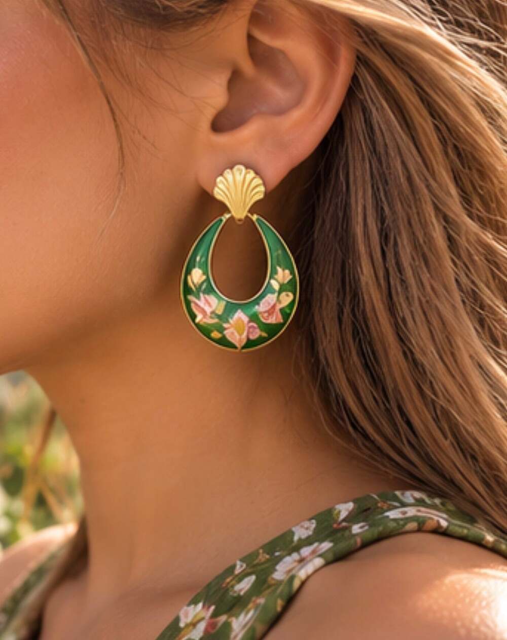 Vintage Gold Tone Green Enamel Floral Teardrop Earrings Boho Retro Statement